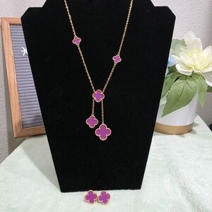 Gold and Purple Clover Necklace and Earring Set